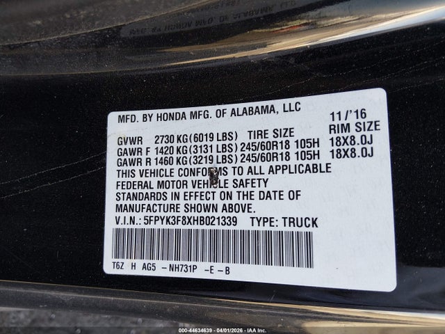 5FPYK3F8XHB021339 Honda Ridgeline Black Edition