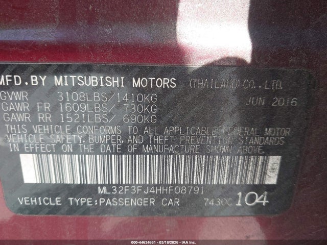 Aukcja sprzedaży 2017 Mitsubishi Mirage G4 Es, vin: ML32F3FJ4HHF08791, numer aukcji: 44634661