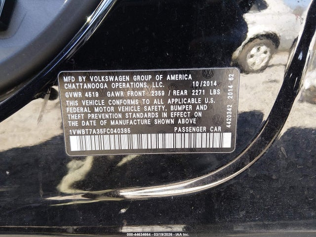 44634664 :رقم المزاد ، 1VWBT7A35FC040385 vin ، 2015 Volkswagen Passat 1.8t Se مزاد بيع