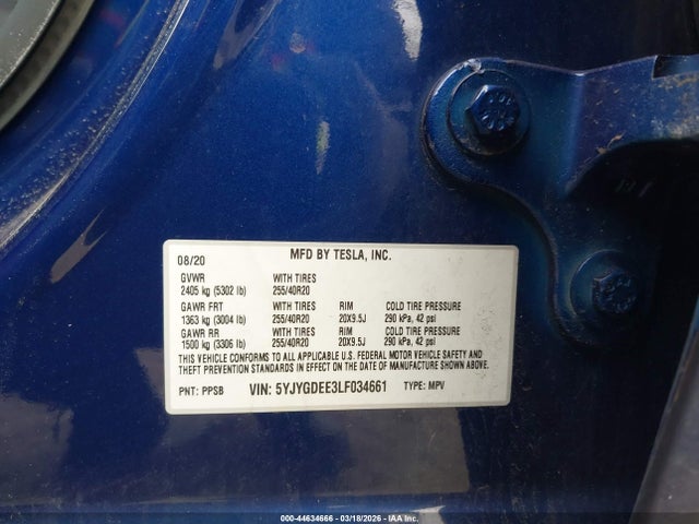 Aukcja sprzedaży 2020 Tesla Model Y Long Range Dual Motor All-wheel Drive, vin: 5YJYGDEE3LF034661, numer aukcji: 44634666