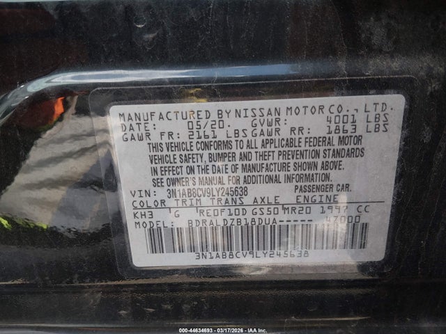 44634693 :رقم المزاد ، 3N1AB8CV9LY245638 vin ، 2020 Nissan Sentra Sv Xtronic Cvt مزاد بيع