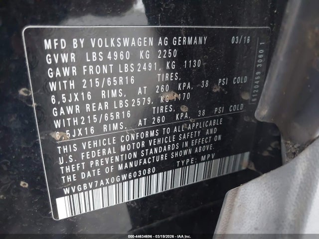 WVGBV7AX0GW603080 Volkswagen TIGUAN S