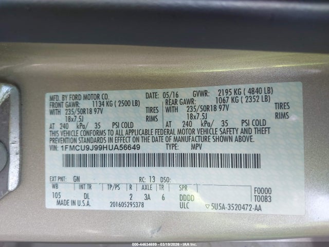 Aukcja sprzedaży 2017 Ford Escape Titanium, vin: 1FMCU9J99HUA56649, numer aukcji: 44634699
