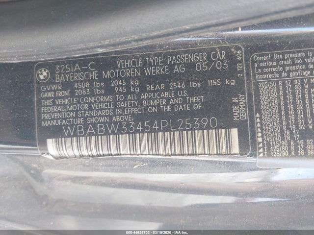 44634703 :رقم المزاد ، WBABW33454PL25390 vin ، 2004 Bmw 325ci مزاد بيع