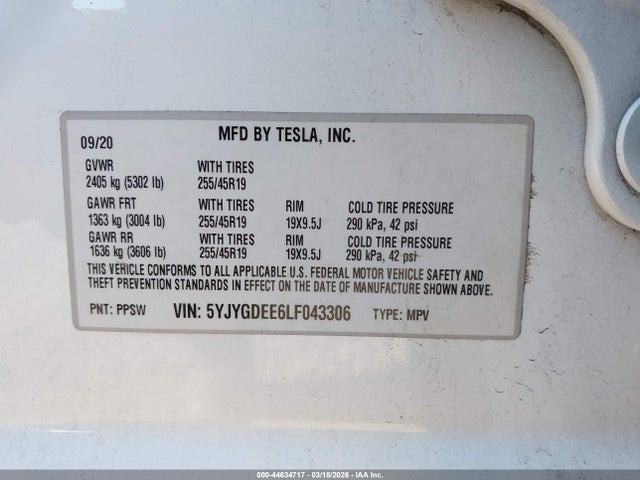 Продажа на аукционе авто 2020 Tesla Model Y Long Range Dual Motor All-wheel Drive, vin: 5YJYGDEE6LF043306, номер лота: 44634717