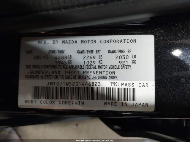 Aukcja sprzedaży 2016 Mazda Mazda6 I Grand Touring, vin: JM1GJ1W52G1446823, numer aukcji: 44634724