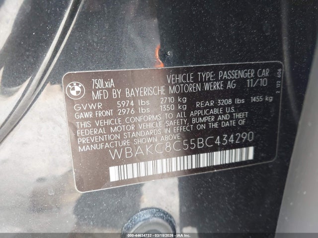 Aukcja sprzedaży 2011 Bmw 750li Xdrive, vin: WBAKC8C55BC434290, numer aukcji: 44634732