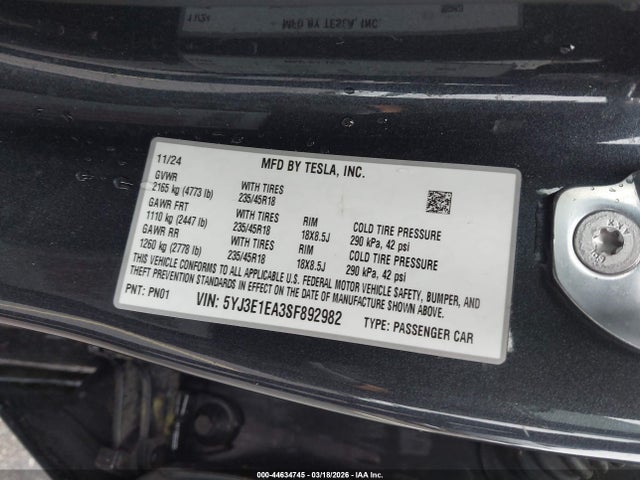 Продажа на аукционе авто 2025 Tesla Model 3 Long Range Rear-wheel Drive/standard Rear-wheel Drive, vin: 5YJ3E1EA3SF892982, номер лота: 44634745