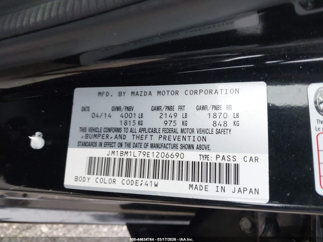 44634764 :رقم المزاد ، JM1BM1L79E1206690 vin ، 2014 Mazda Mazda3 I Touring مزاد بيع
