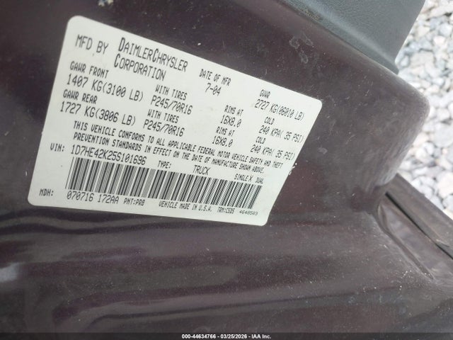 Продаж на аукціоні авто 2005 Dodge Dakota Slt, vin: 1D7HE42K25S101696, номер лоту: 44634766