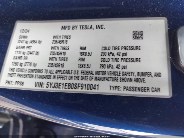 Aukcja sprzedaży 2025 Tesla Model 3 Long Range All-wheel Drive, vin: 5YJ3E1EB0SF910041, numer aukcji: 44634769