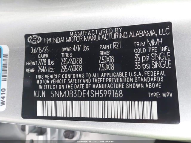 Aukcja sprzedaży 2025 Hyundai Tucson Sel, vin: 5NMJB3DE4SH599168, numer aukcji: 44634783