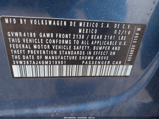 Продаж на аукціоні авто 2016 Volkswagen Jetta 1.4t S, vin: 3VW267AJ4GM319901, номер лоту: 44634784