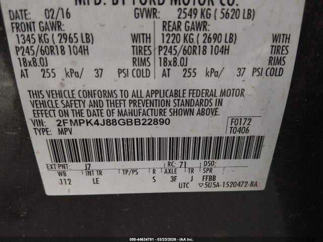 Продажа на аукционе авто 2016 Ford Edge Sel, vin: 2FMPK4J88GBB22890, номер лота: 44634791