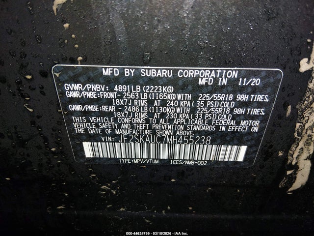 Aukcja sprzedaży 2021 Subaru Forester Limited, vin: JF2SKAUC7MH455238, numer aukcji: 44634799