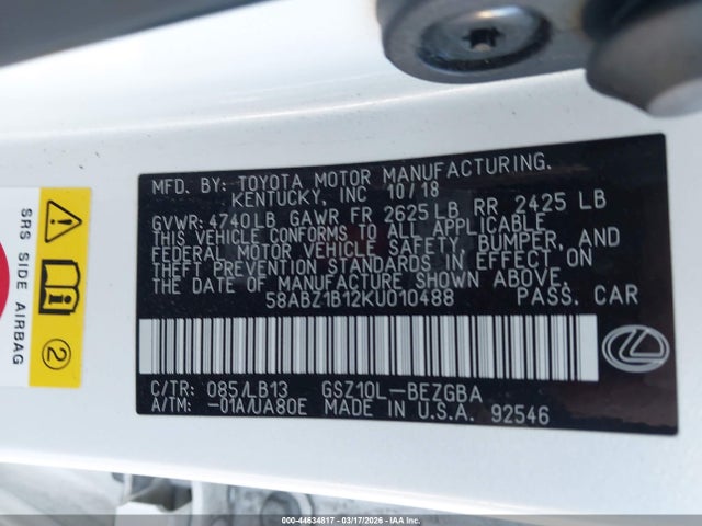 Продаж на аукціоні авто 2019 Lexus Es 350 Luxury, vin: 58ABZ1B12KU010488, номер лоту: 44634817