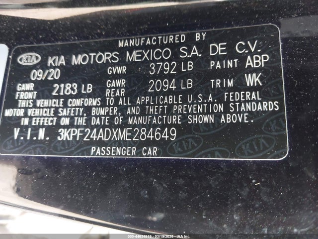 Продажа на аукционе авто 2021 Kia Forte Lxs, vin: 3KPF24ADXME284649, номер лота: 44634819