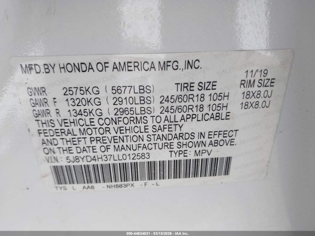 Aukcja sprzedaży 2020 Acura Mdx Standard, vin: 5J8YD4H37LL012583, numer aukcji: 44634831