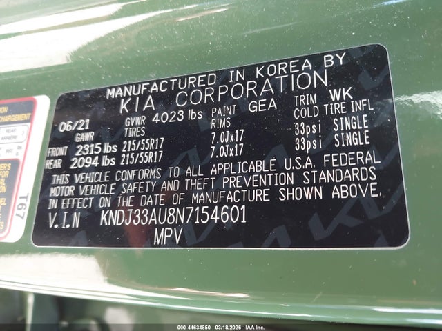 44634850 :رقم المزاد ، KNDJ33AU8N7154601 vin ، 2022 Kia Soul Ex مزاد بيع