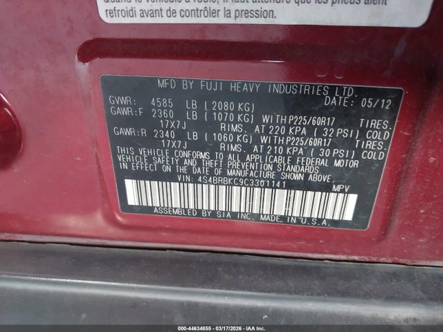Aukcja sprzedaży 2012 Subaru Outback 2.5i Limited, vin: 4S4BRBKC9C3301141, numer aukcji: 44634855