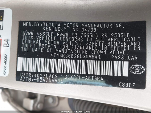44634882 :رقم المزاد ، 4T1BK36B28U308641 vin ، 2008 Toyota Avalon Xls مزاد بيع