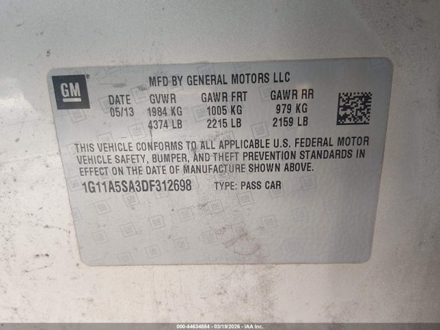 Продажа на аукционе авто 2013 Chevrolet Malibu 1fl, vin: 1G11A5SA3DF312698, номер лота: 44634884