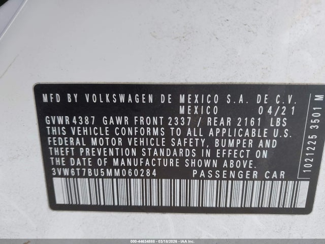 44634888 :رقم المزاد ، 3VW6T7BU5MM060284 vin ، 2021 Volkswagen Jetta Gli 2.0t Autobahn/2.0t S مزاد بيع