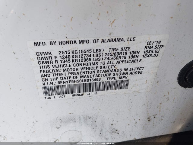 Honda Pilot 2wd Ex-l 2020 5FNYF5H50LB016493 Image 9