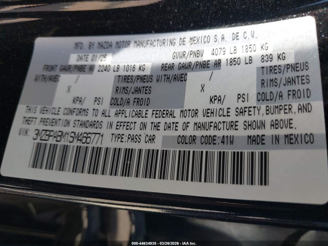 44634935 :رقم المزاد ، 3MZBPABM1SM466771 vin ، 2025 Mazda Mazda3 2.5 S Select Sport مزاد بيع
