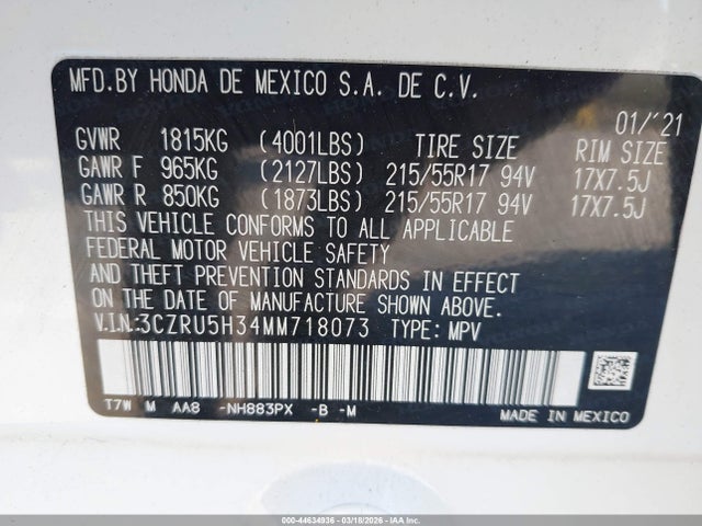 3CZRU5H34MM718073 Honda Hr-v 2wd Lx