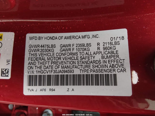1HGCV1F30JA094593 Honda Accord Sport