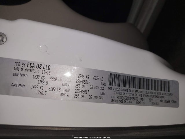 Aukcja sprzedaży 2019 Dodge Grand Caravan Sxt, vin: 2C4RDGCG1KR775655, numer aukcji: 44634967