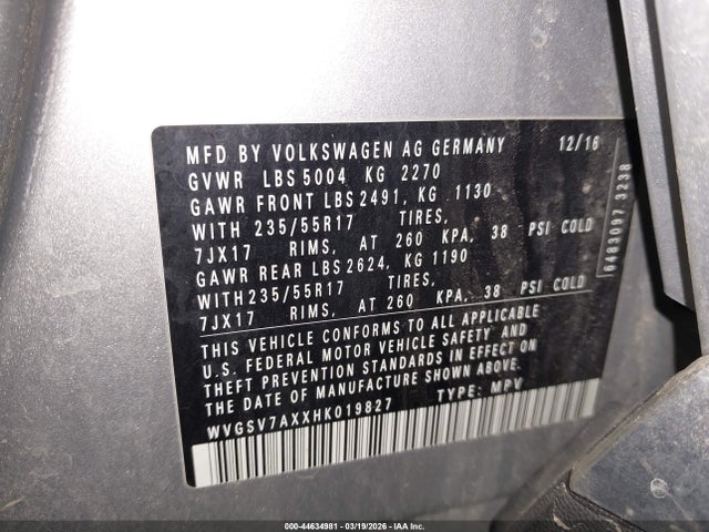 Aukcja sprzedaży 2017 Volkswagen Tiguan 2.0t Wolfsburg Edition, vin: WVGSV7AXXHK019827, numer aukcji: 44634981