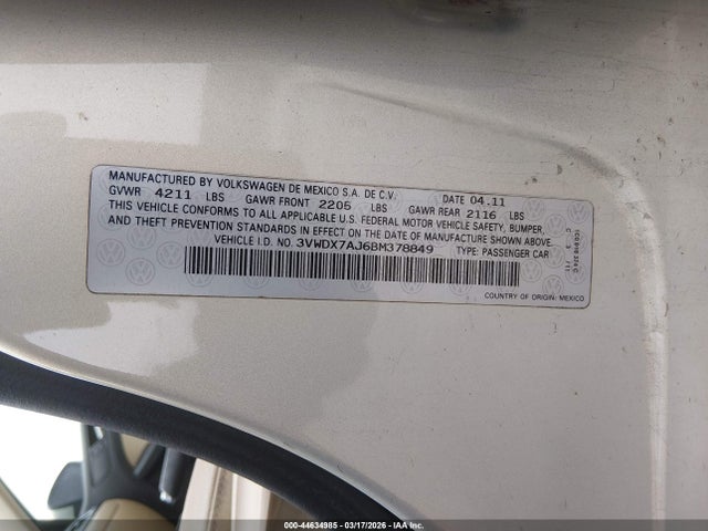 44634985 :رقم المزاد ، 3VWDX7AJ6BM378849 vin ، 2011 Volkswagen Jetta 2.5l Se مزاد بيع
