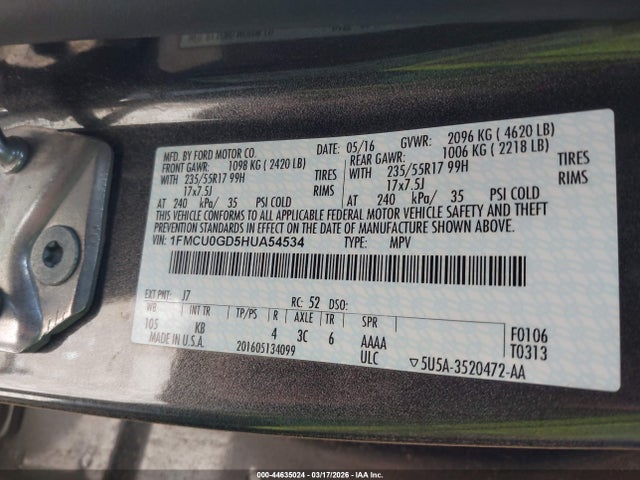 2017 Ford Escape Se მანქანა იყიდება აუქციონზე, vin: 1FMCU0GD5HUA54534, აუქციონის ნომერი: 44635024