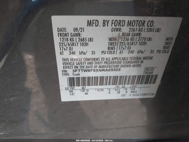 44635026 :رقم المزاد ، 3FTTW8F9XNRA05505 vin ، 2022 Ford Maverick Lariat مزاد بيع