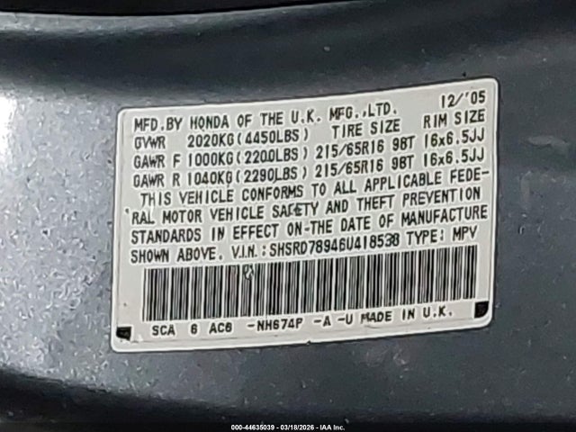 44635039 :رقم المزاد ، SHSRD78946U418538 vin ، 2006 Honda Cr-v Se مزاد بيع