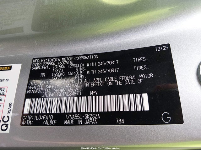 44635044 :رقم المزاد ، JTEVA5BR0T5084870 vin ، 2026 Toyota 4runner Sr5 مزاد بيع