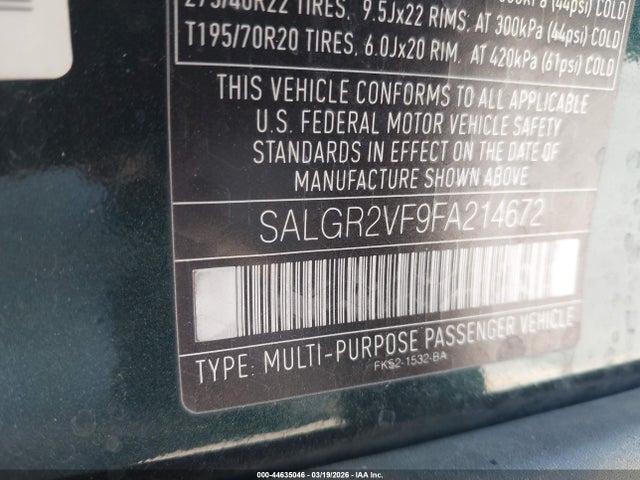 Продажа на аукционе авто 2015 Land Rover Range Rover 3.0l V6 Supercharged, vin: SALGR2VF9FA214672, номер лота: 44635046