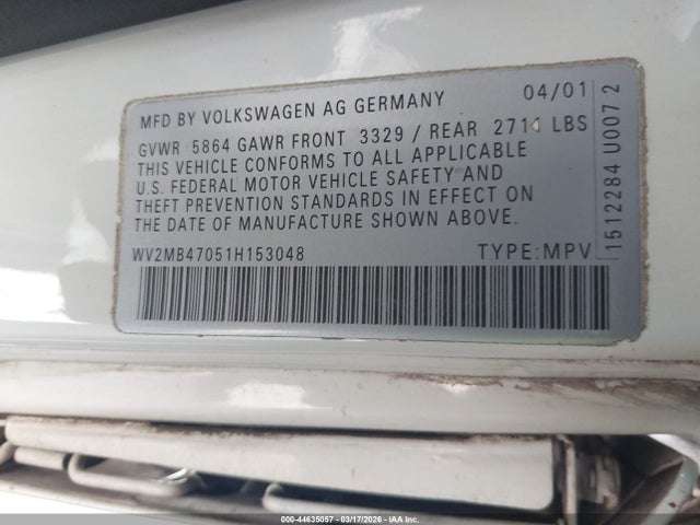 44635057 :رقم المزاد ، WV2MB47051H153048 vin ، 2001 Volkswagen Eurovan Mv مزاد بيع
