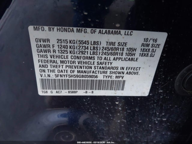5FNYF5H59GB059056 Honda Pilot Ex-l