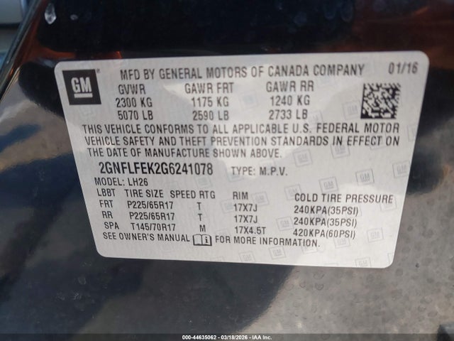 44635062 :رقم المزاد ، 2GNFLFEK2G6241078 vin ، 2016 Chevrolet Equinox Lt مزاد بيع