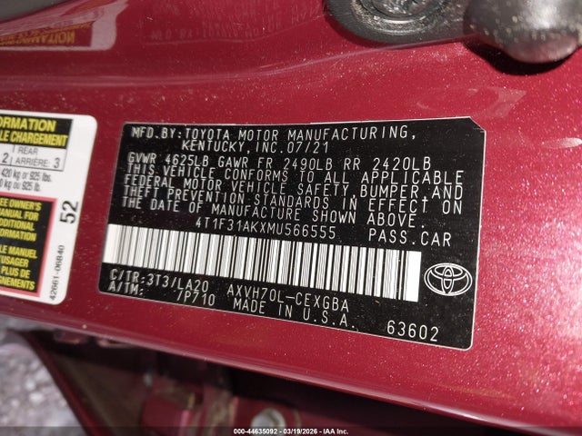 2021 TOYOTA CAMRY 4T1F31AKXMU566555 Photo 8