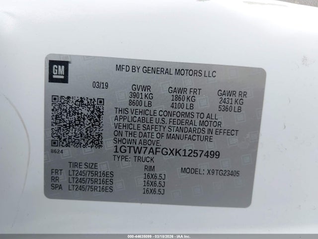 Aukcja sprzedaży 2019 Gmc Savana 2500 Work Van, vin: 1GTW7AFGXK1257499, numer aukcji: 44635099