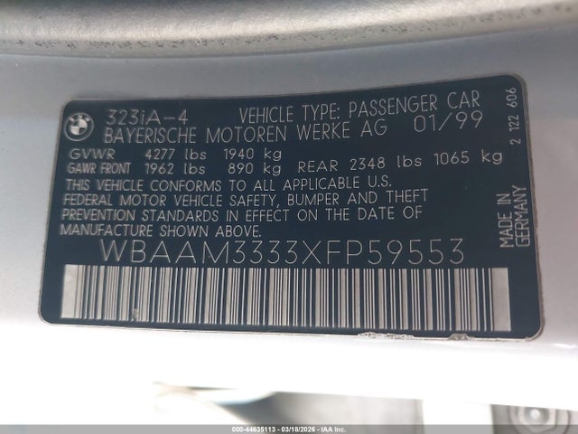 44635113 :رقم المزاد ، WBAAM3333XFP59553 vin ، 1999 Bmw 323i مزاد بيع