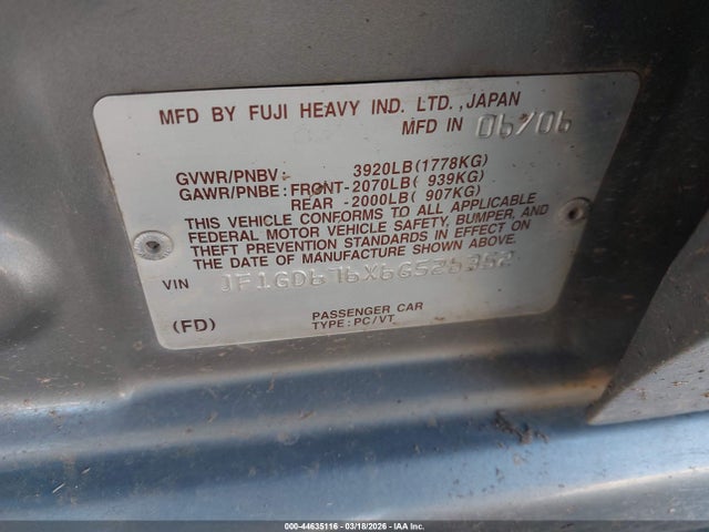 44635116 :رقم المزاد ، JF1GD676X6G526352 vin ، 2006 Subaru Impreza 2.5i مزاد بيع