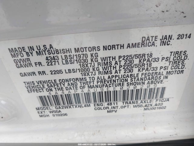 Продажа на аукционе авто 2014 Mitsubishi Outlander Sport Se, vin: 4A4AP4AU9EE020209, номер лота: 44635122