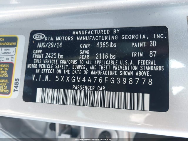 Продажа на аукционе авто 2015 Kia Optima Lx, vin: 5XXGM4A76FG398778, номер лота: 44635140