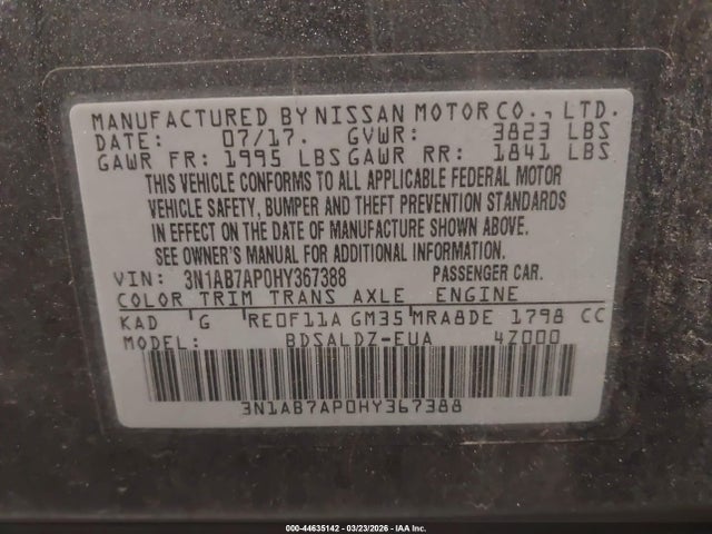 Продаж на аукціоні авто 2017 Nissan Sentra Sv, vin: 3N1AB7AP0HY367388, номер лоту: 44635142