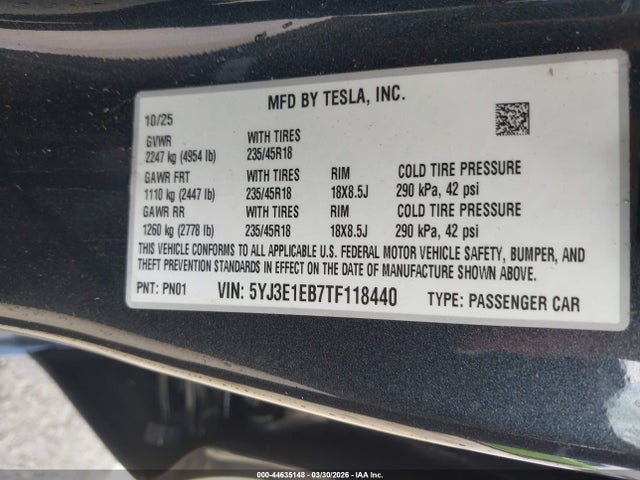 Продаж на аукціоні авто 2026 Tesla Model 3 Premium All-wheel Drive, vin: 5YJ3E1EB7TF118440, номер лоту: 44635148